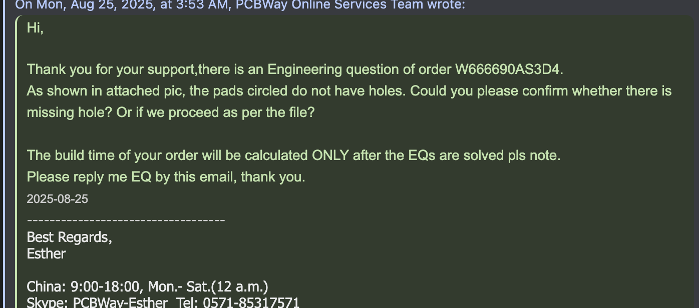 PCBWay double-checking that SMD pads were intentional