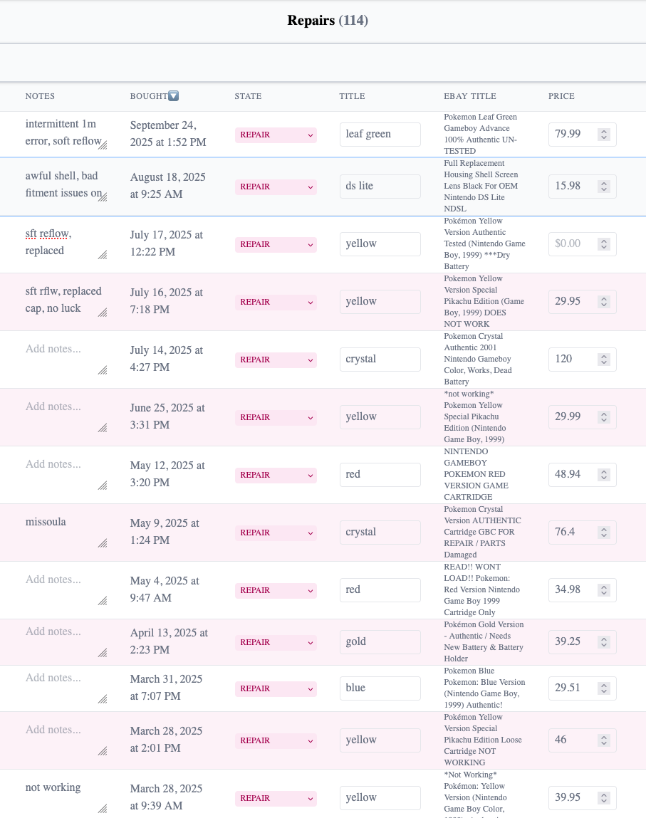 My repair tracking page, broken cartridges ain’t cheap